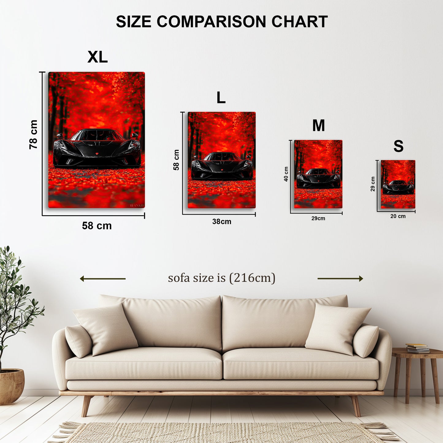 Black Koenigsegg in Autumn metal wall art in styled room setting