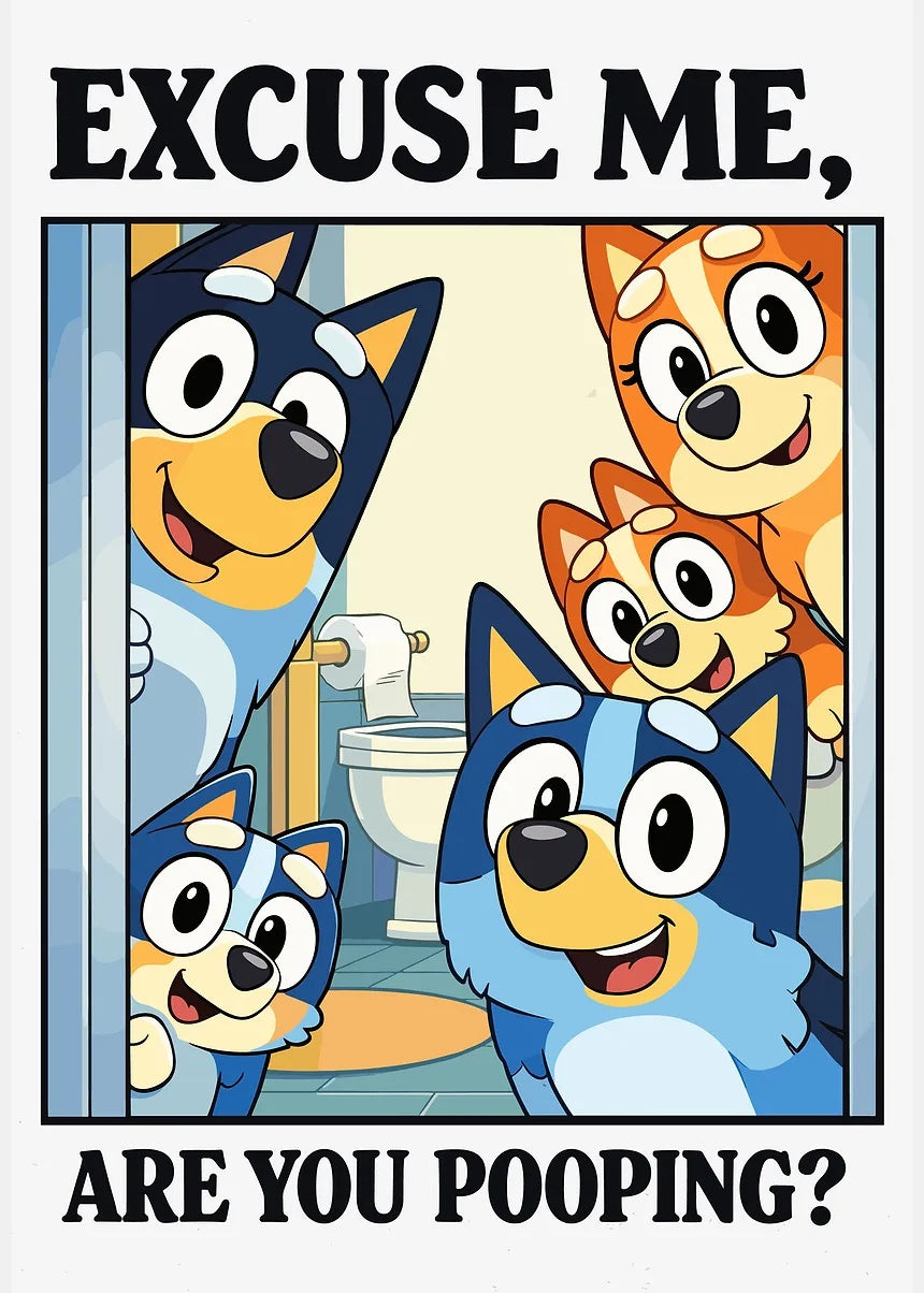 Bluey Family in Bathroom metal poster artwork