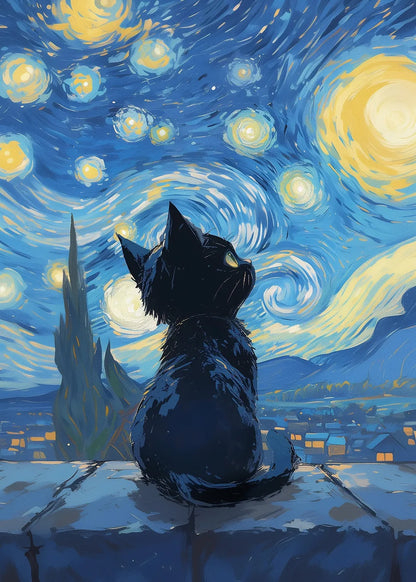 Cat Under Starry Night metal poster artwork
