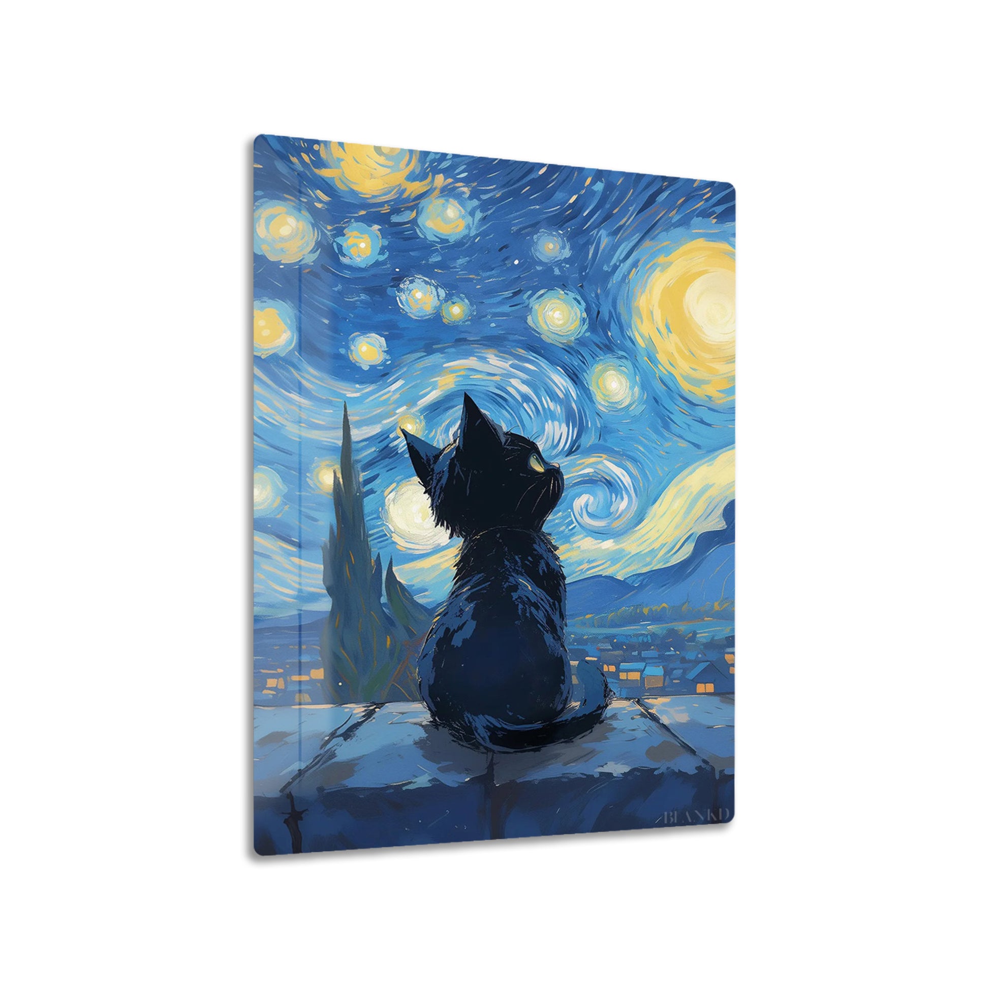 Cat Under Starry Night metal poster on living room wall
