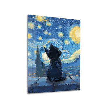 Cat Under Starry Night metal poster on living room wall