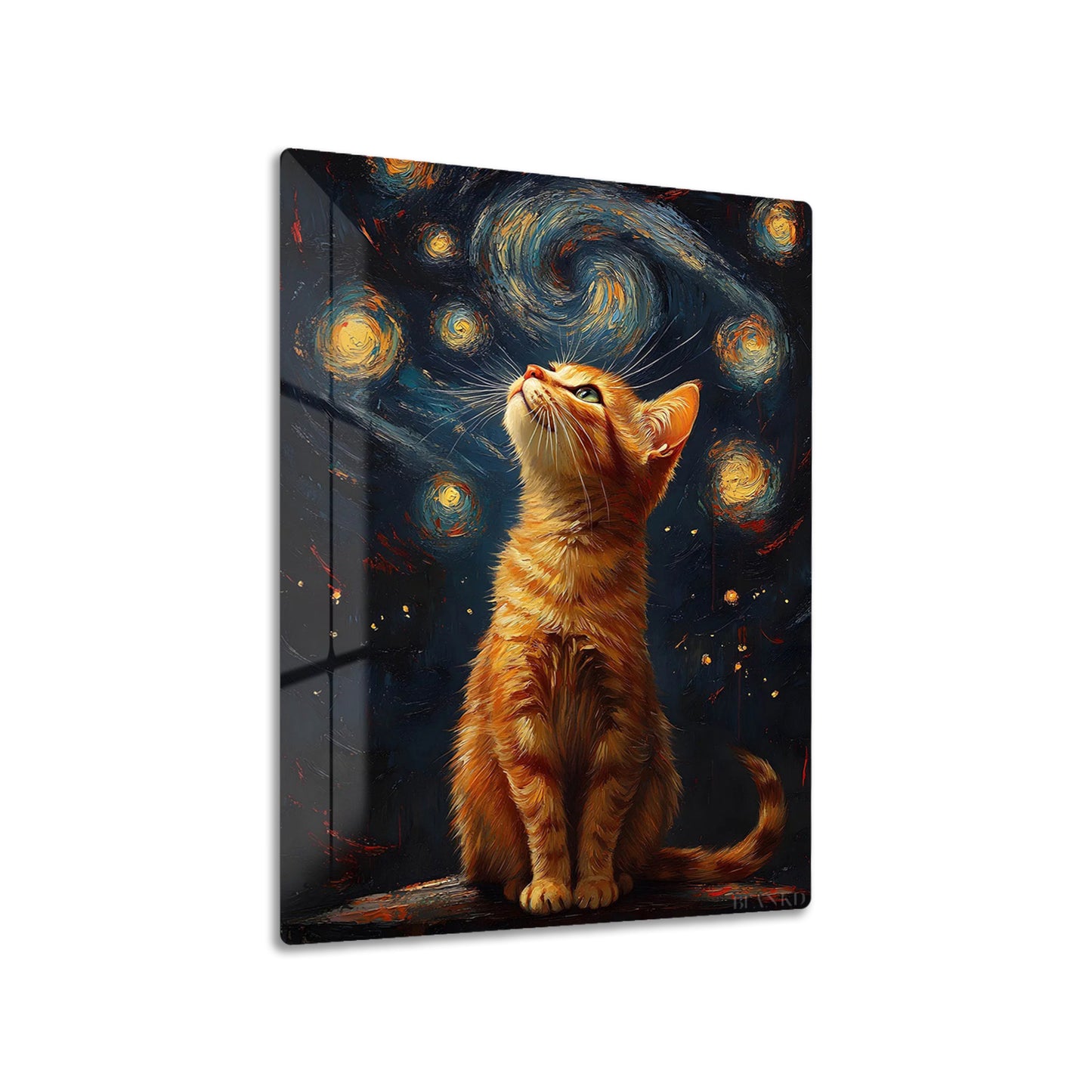 Cat at Starry Night metal poster on living room wall