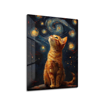 Cat at Starry Night metal poster on living room wall