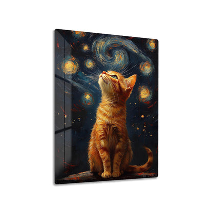 Cat at Starry Night metal poster on living room wall