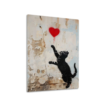 Cat and Heart metal poster on living room wall