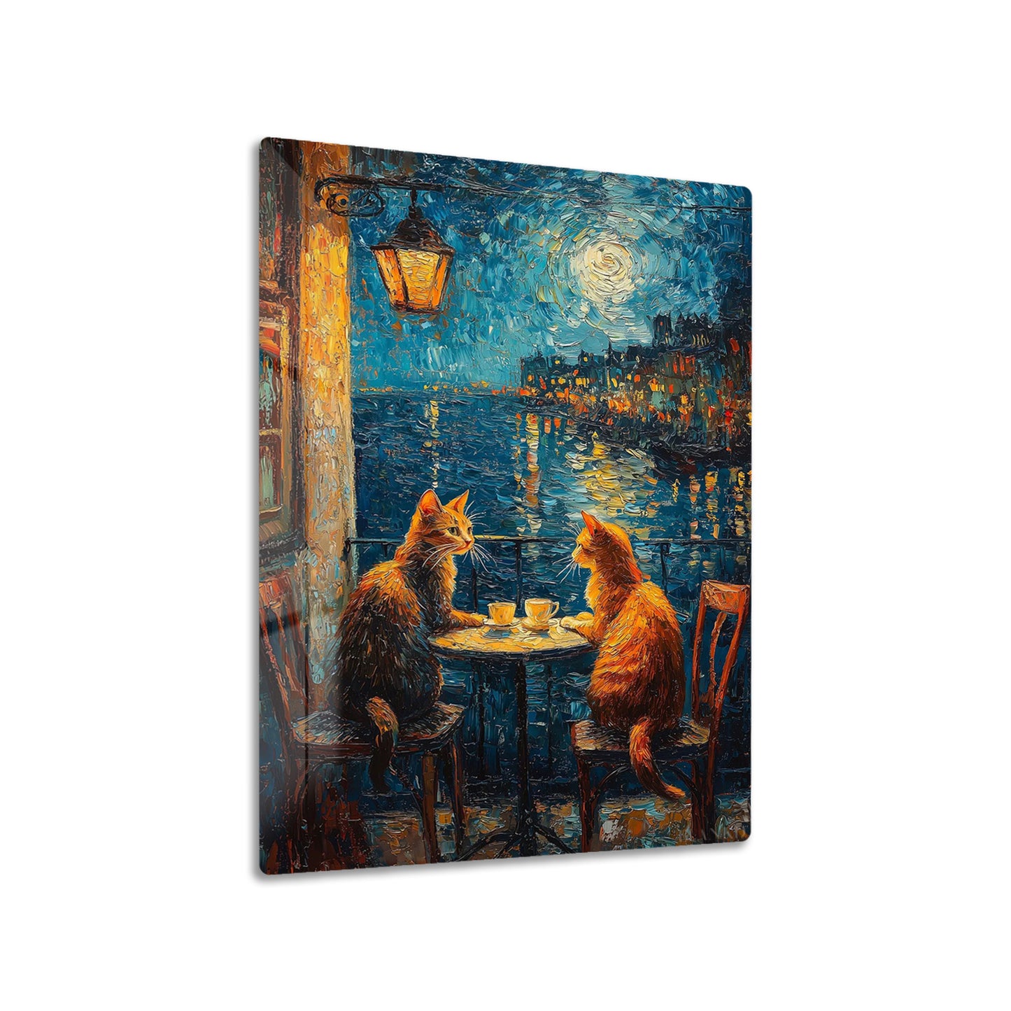 Cats Coffee Date metal poster on living room wall