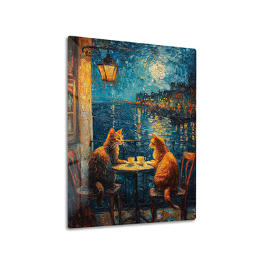 Cats Coffee Date metal poster on living room wall