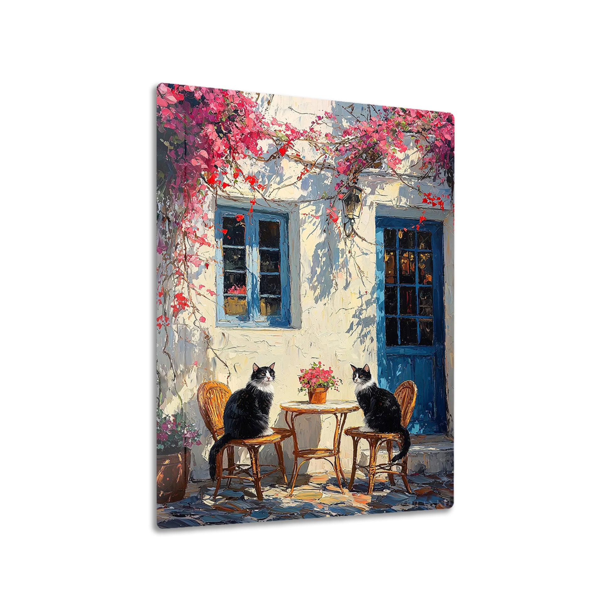 Cats in Santorini metal poster on living room wall