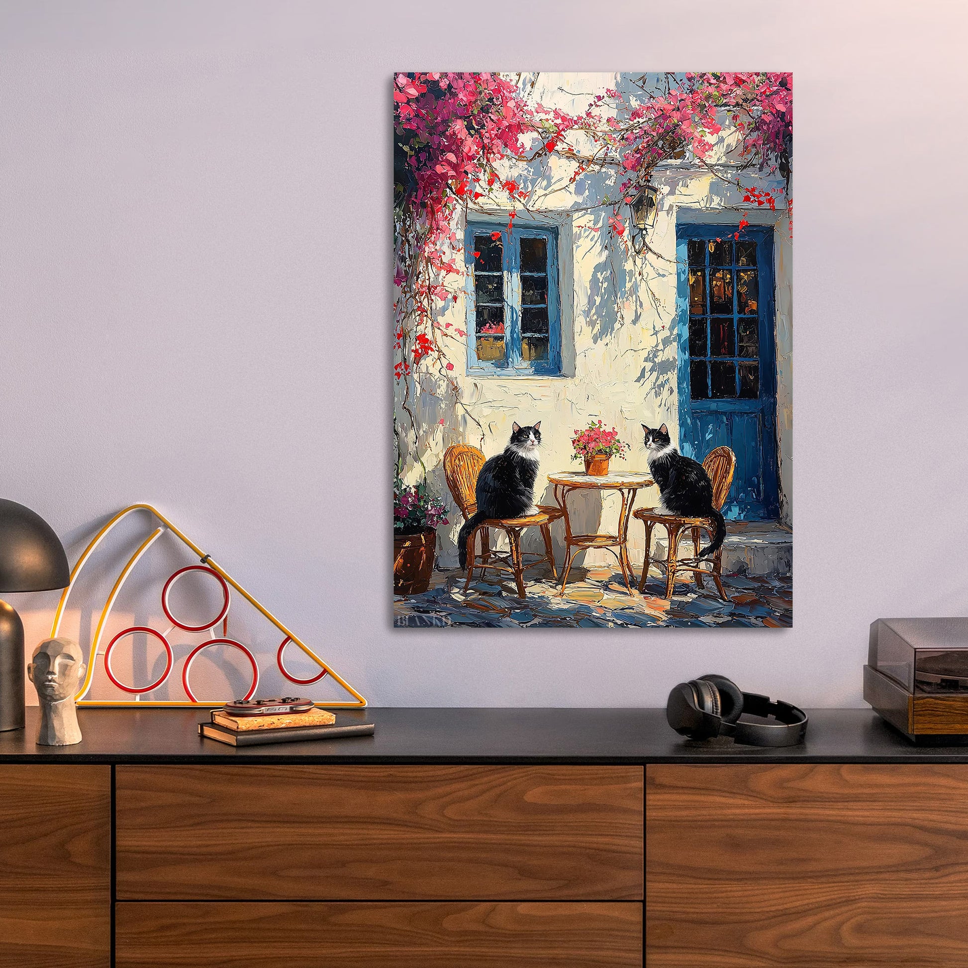 Cats in Santorini metal poster size comparison