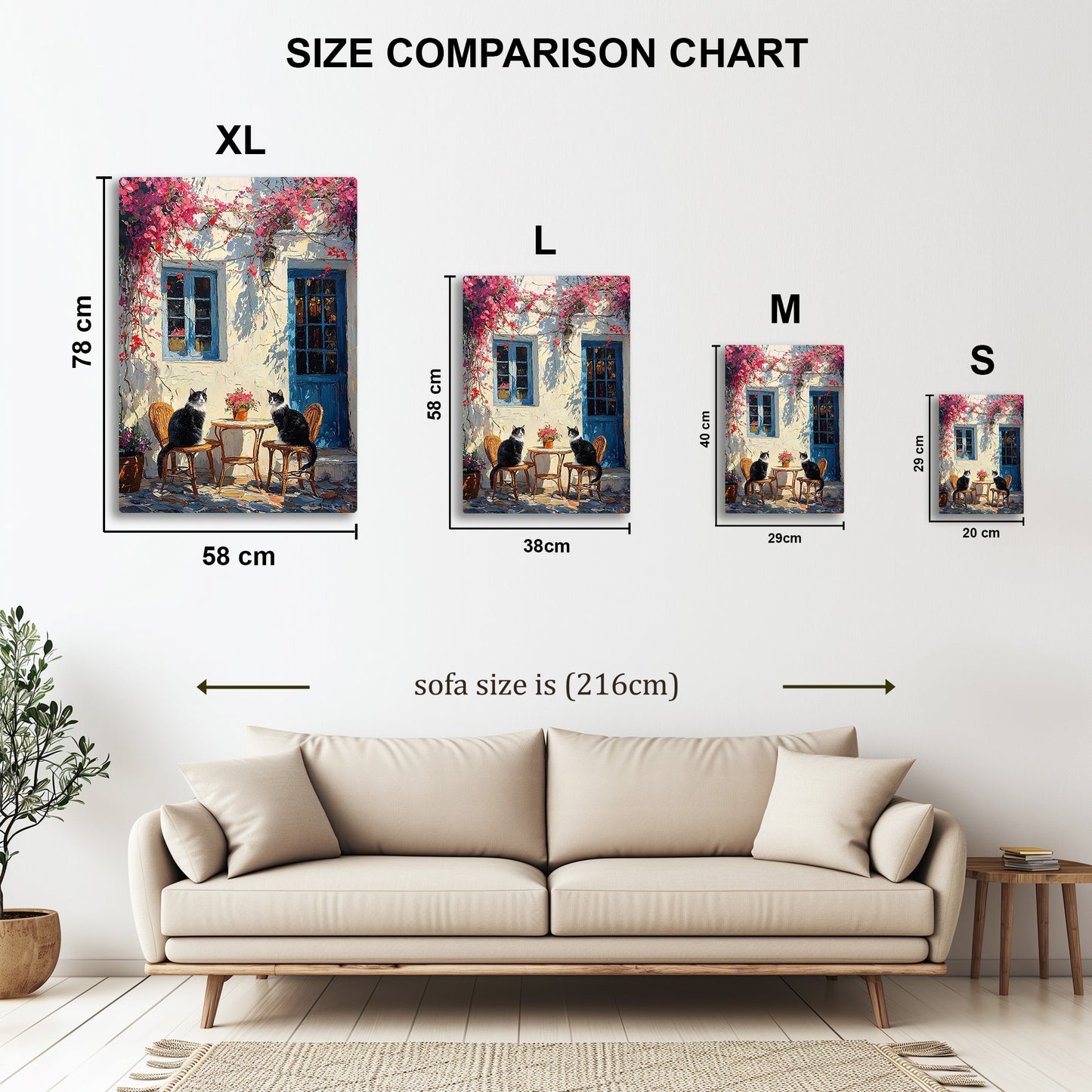 Cats in Santorini metal wall art in styled room setting