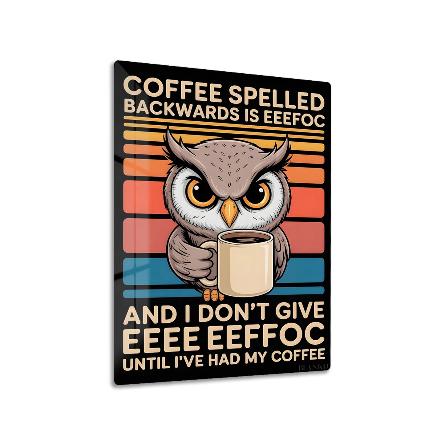 Coffee Owl metal poster on living room wall