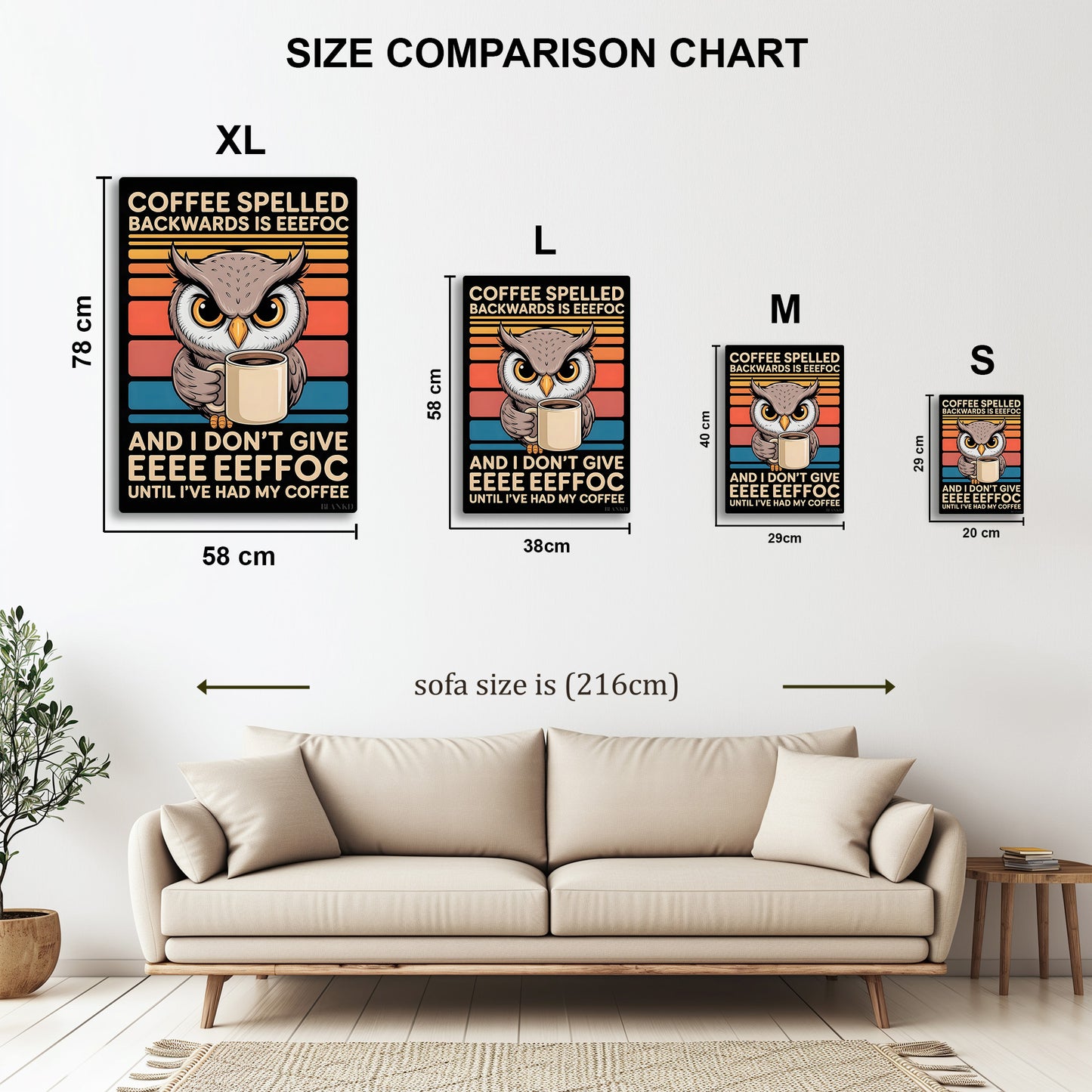 Coffee Owl metal wall art in styled room setting