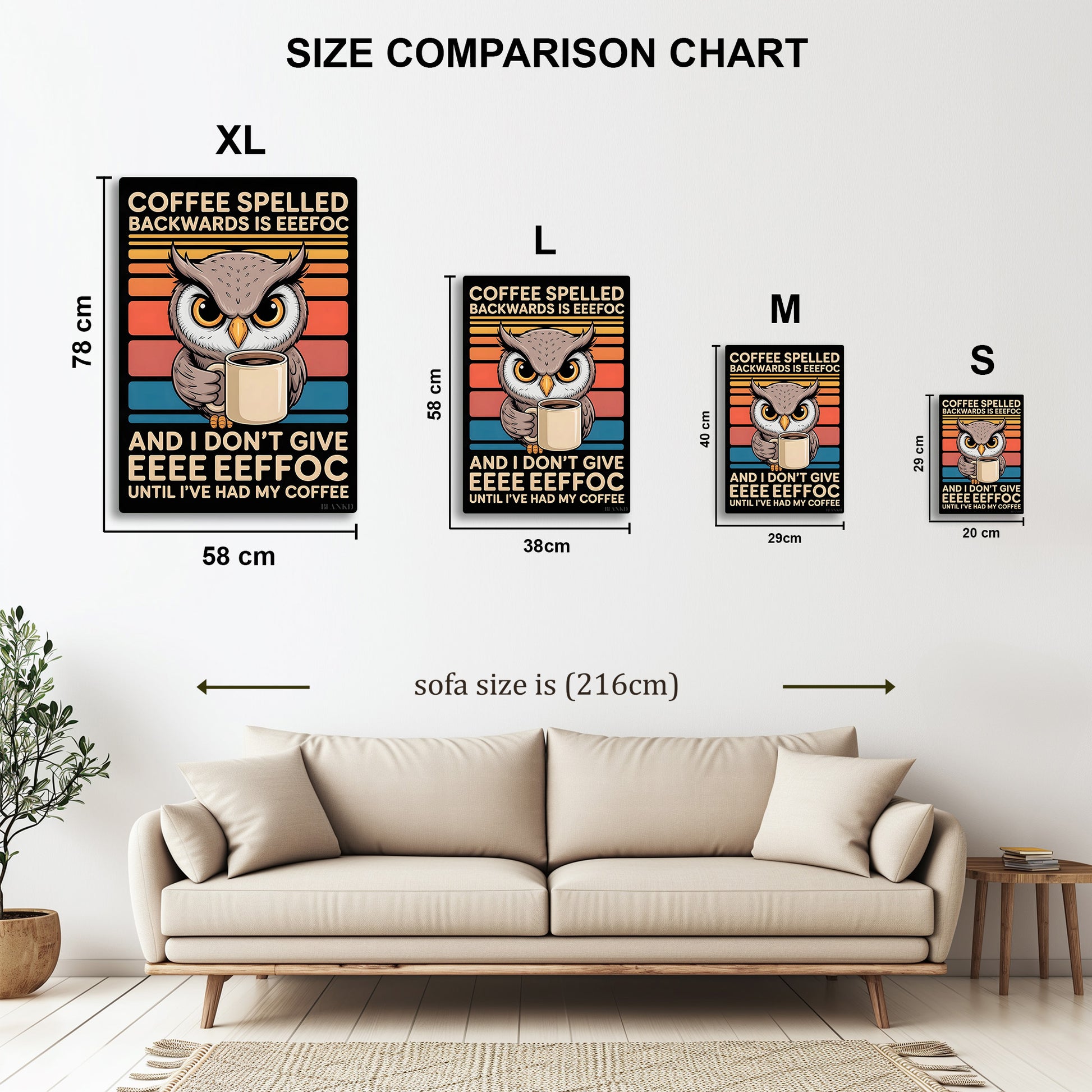 Coffee Owl metal wall art in styled room setting