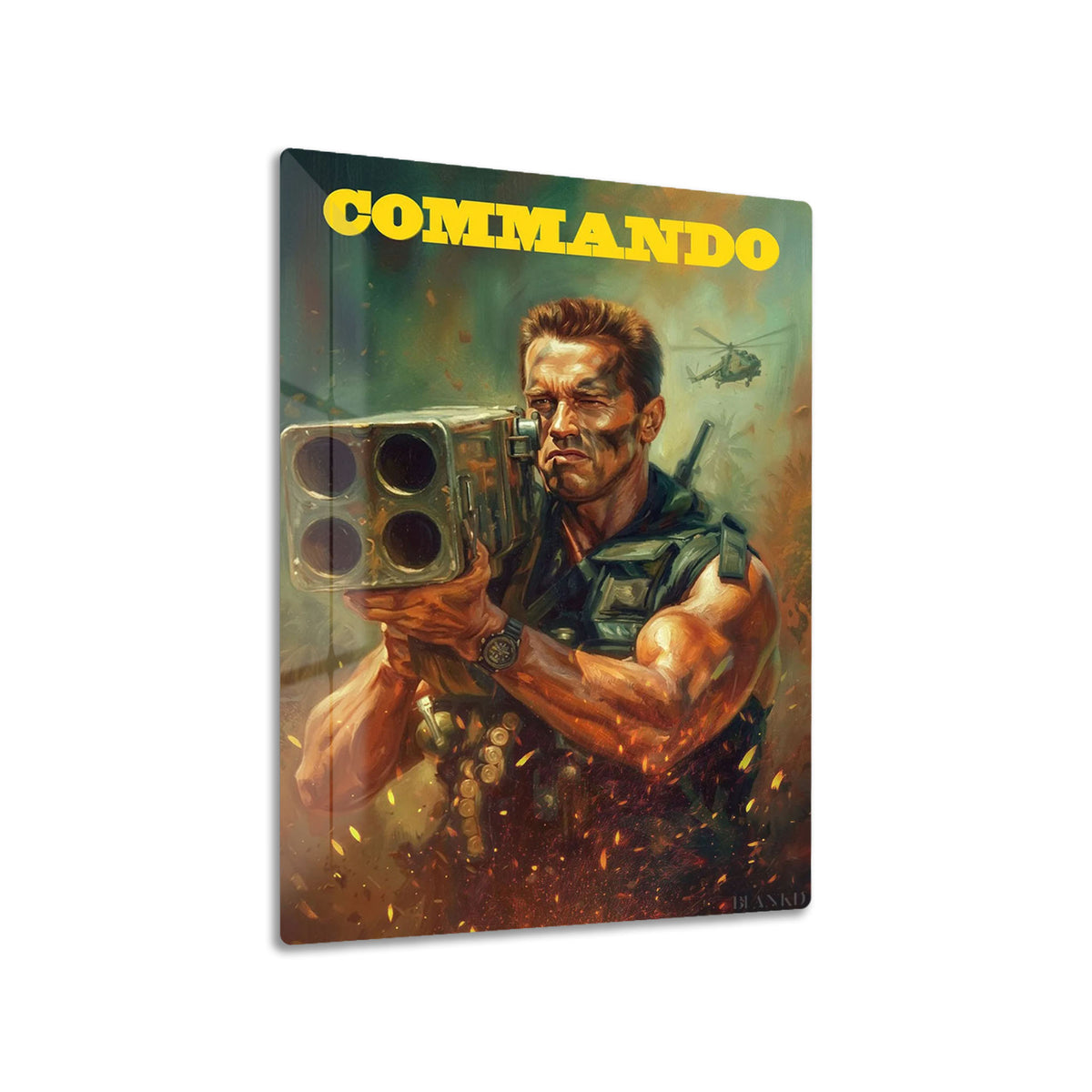 Commando metal poster on living room wall