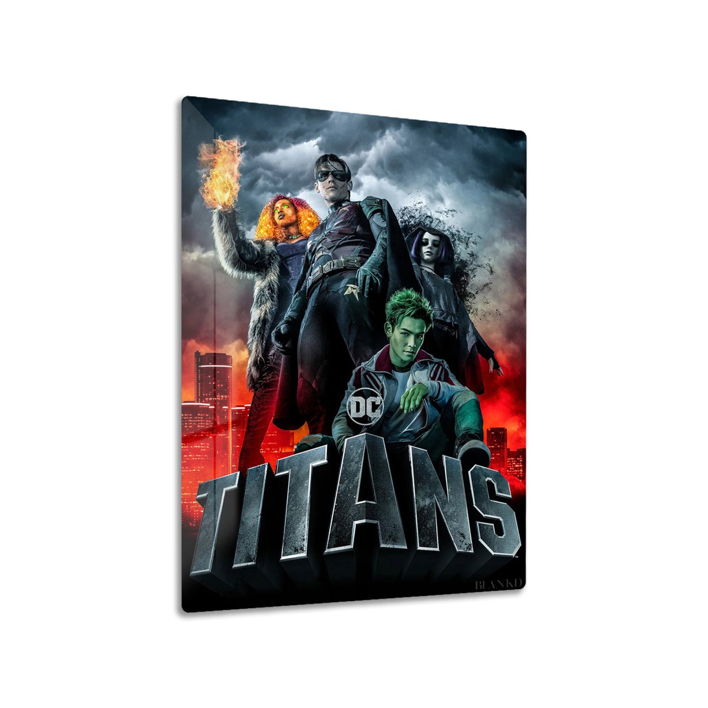 Titans metal poster on living room wall