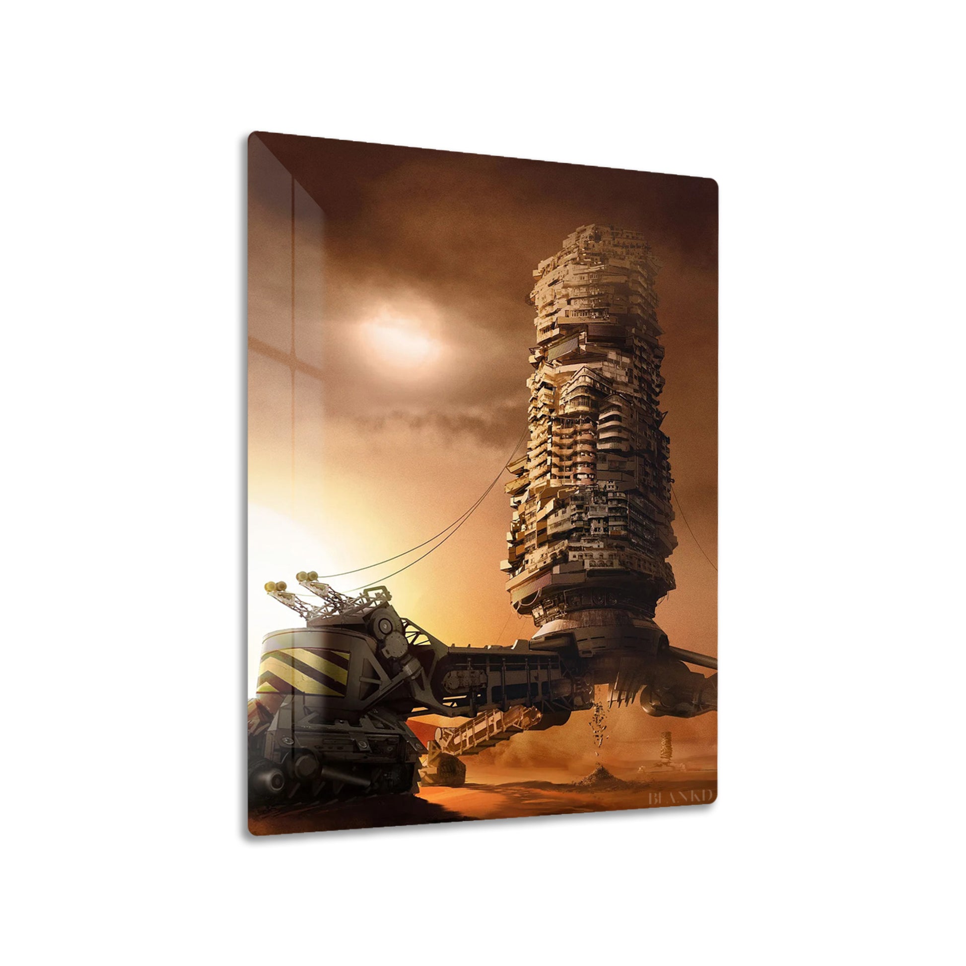 Desert Crawler City metal poster on living room wall