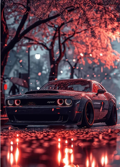 Dodge Challenger in the Rain metal poster artwork