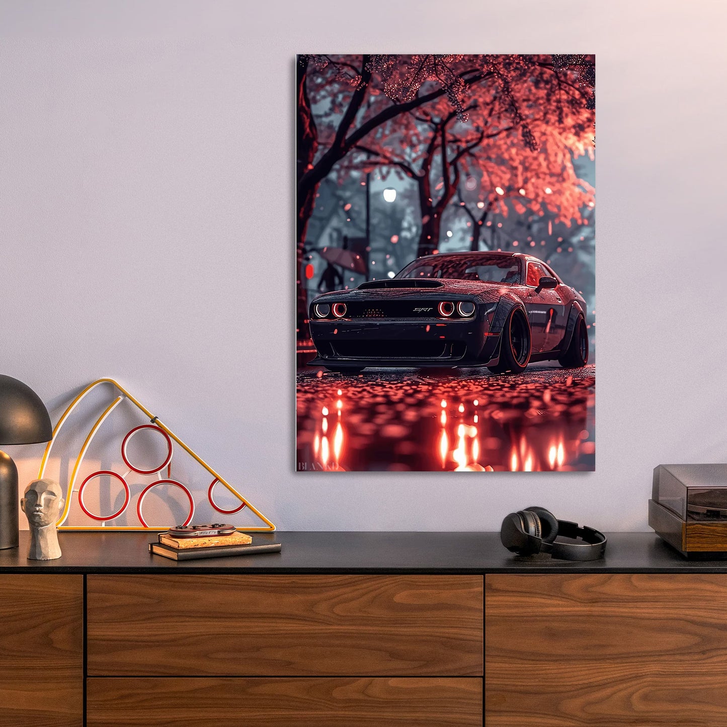 Dodge Challenger in the Rain metal poster size comparison