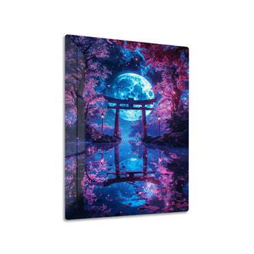 Moonlit Torii Gate metal poster on living room wall