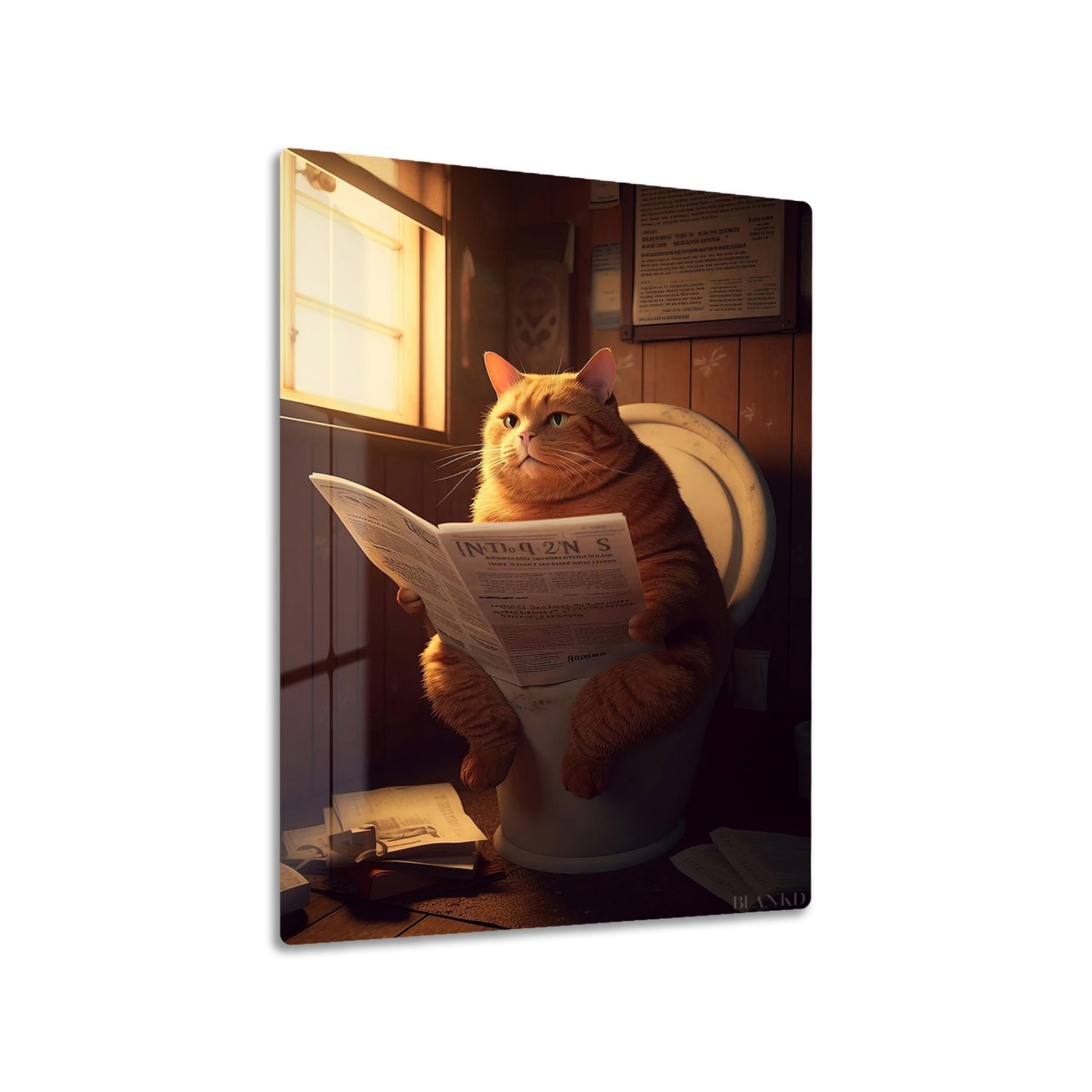 Cat with Newspaper metal poster on living room wall