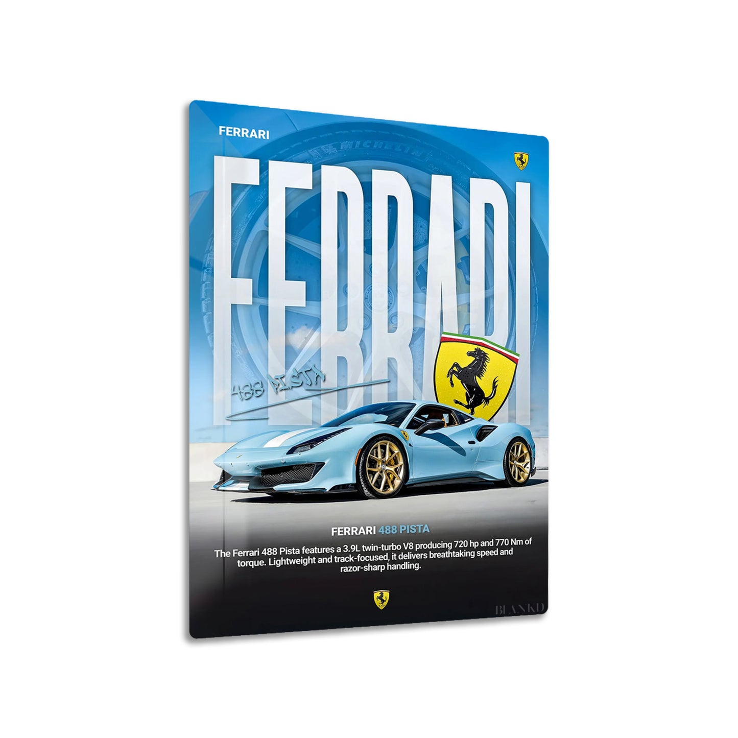 Ferrari 488 Pista metal poster on living room wall