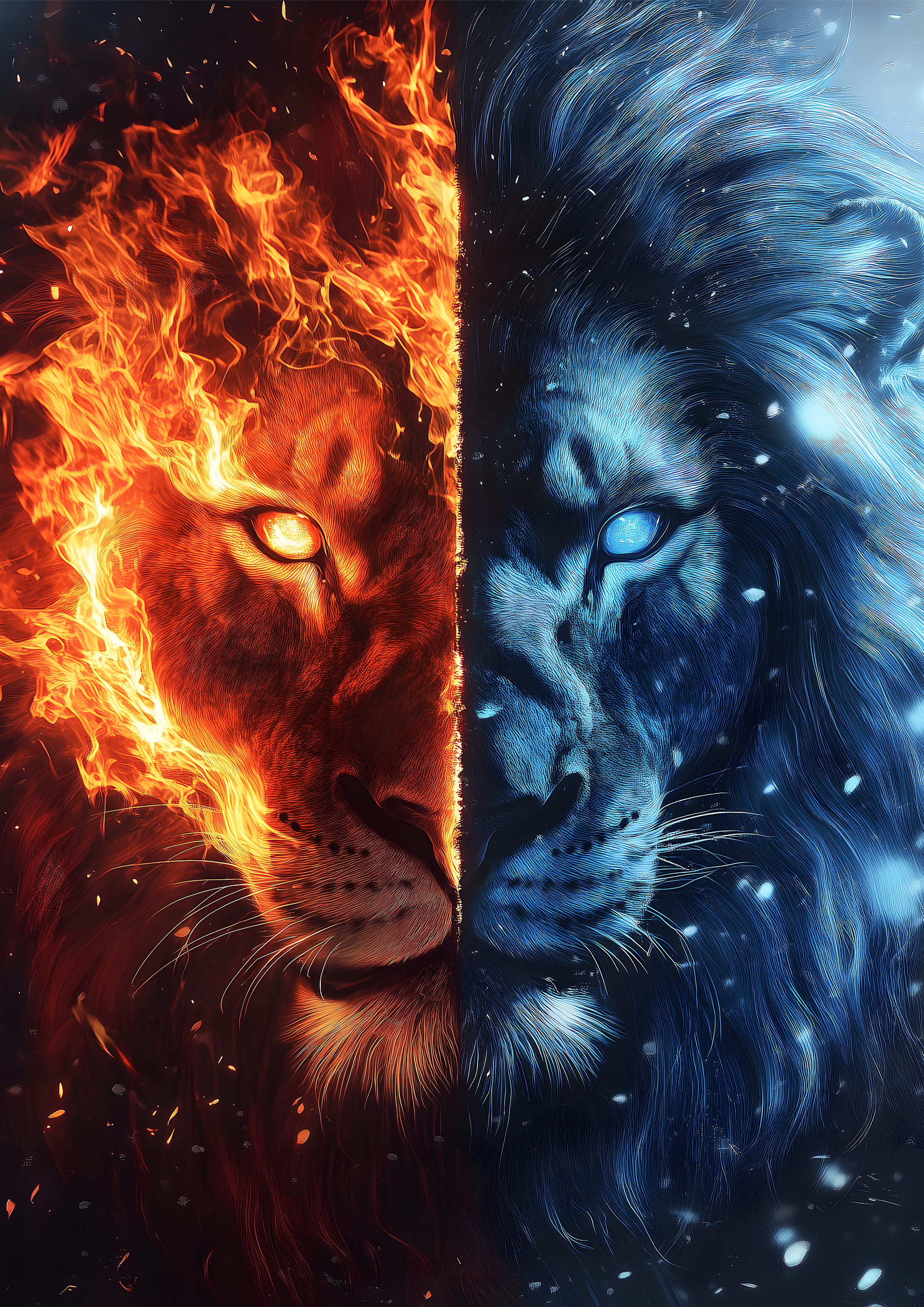 Fire and Ice Lion Face metal poster artwork