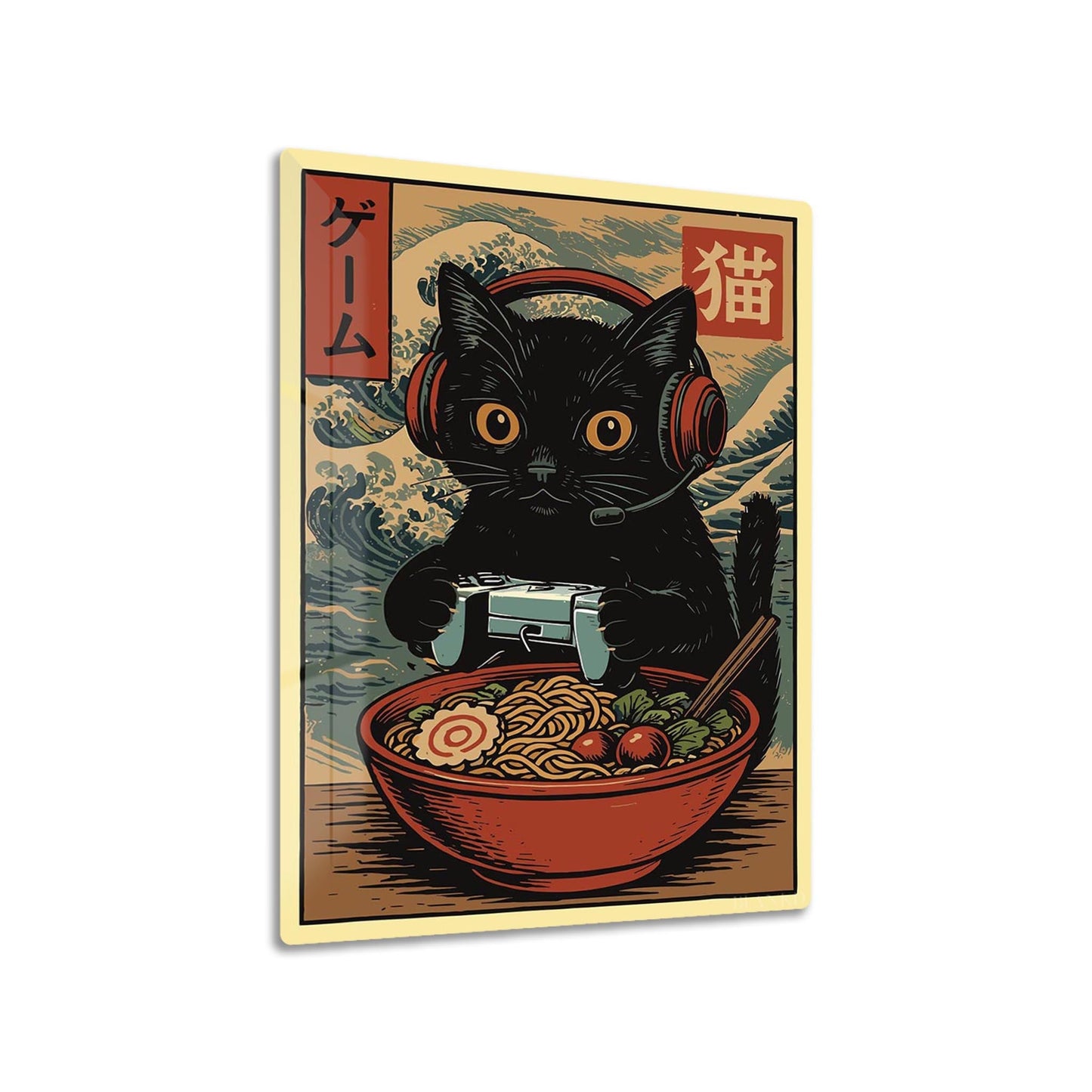 Gamer Cat with Ramen metal poster