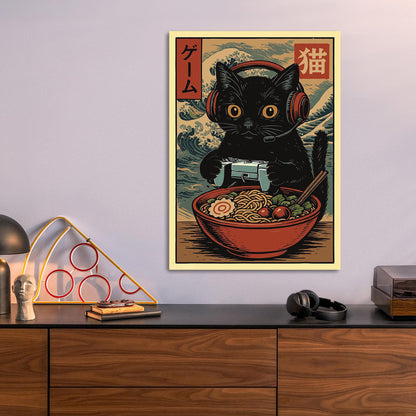 Gamer Cat with Ramen metal poster