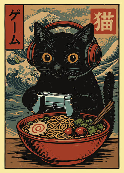 Gamer Cat with Ramen metal poster artwork