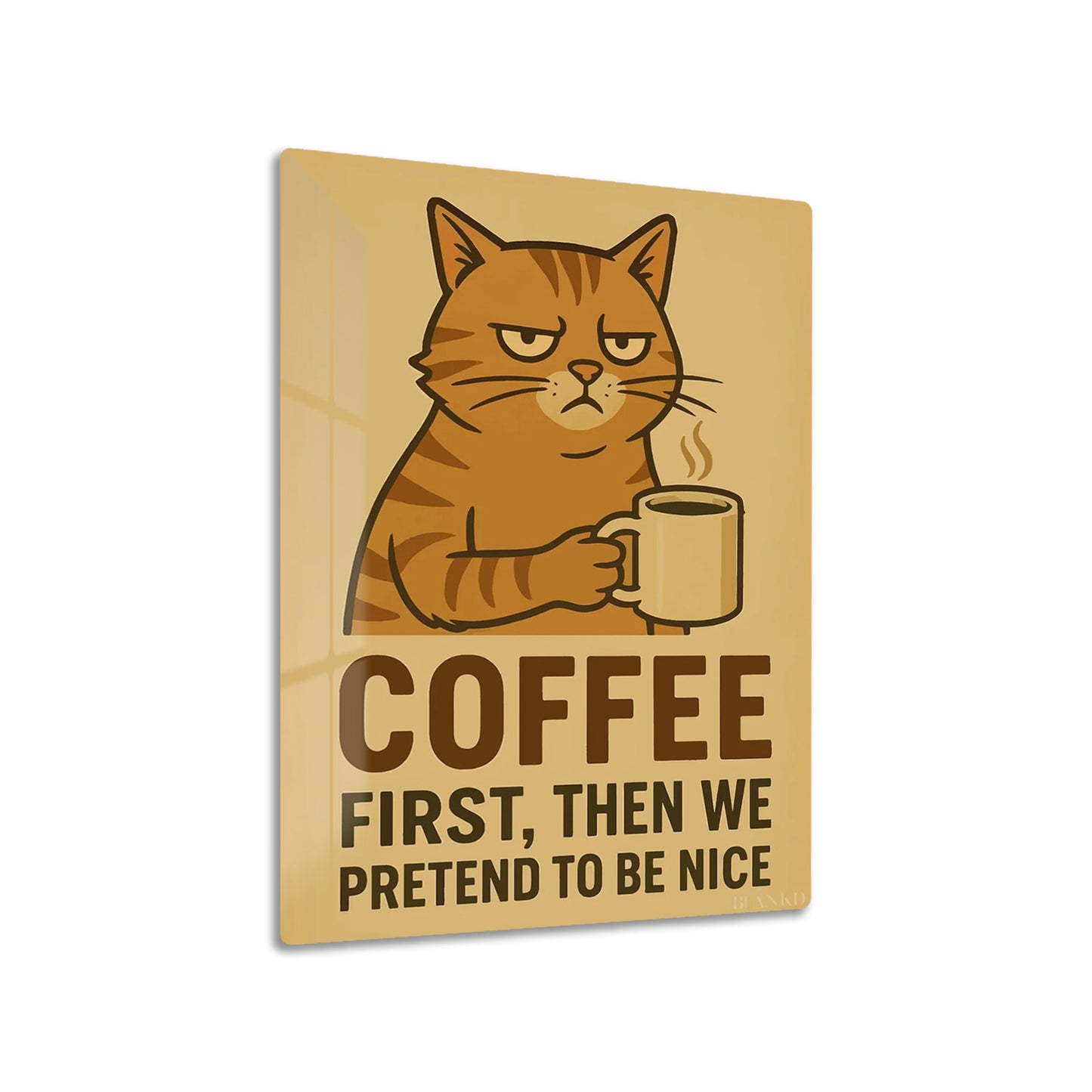 Coffee First metal poster on living room wall