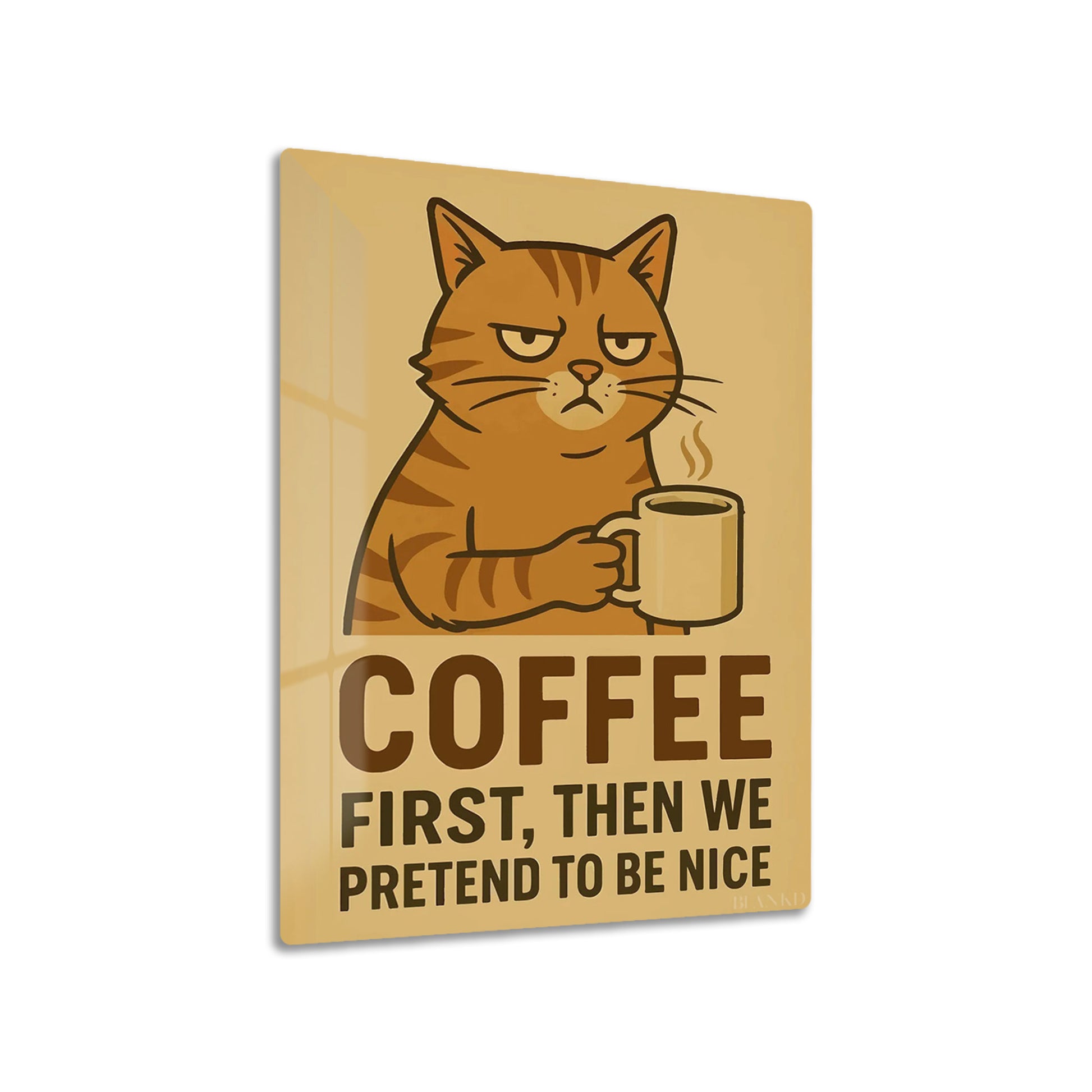 Coffee First metal poster on living room wall