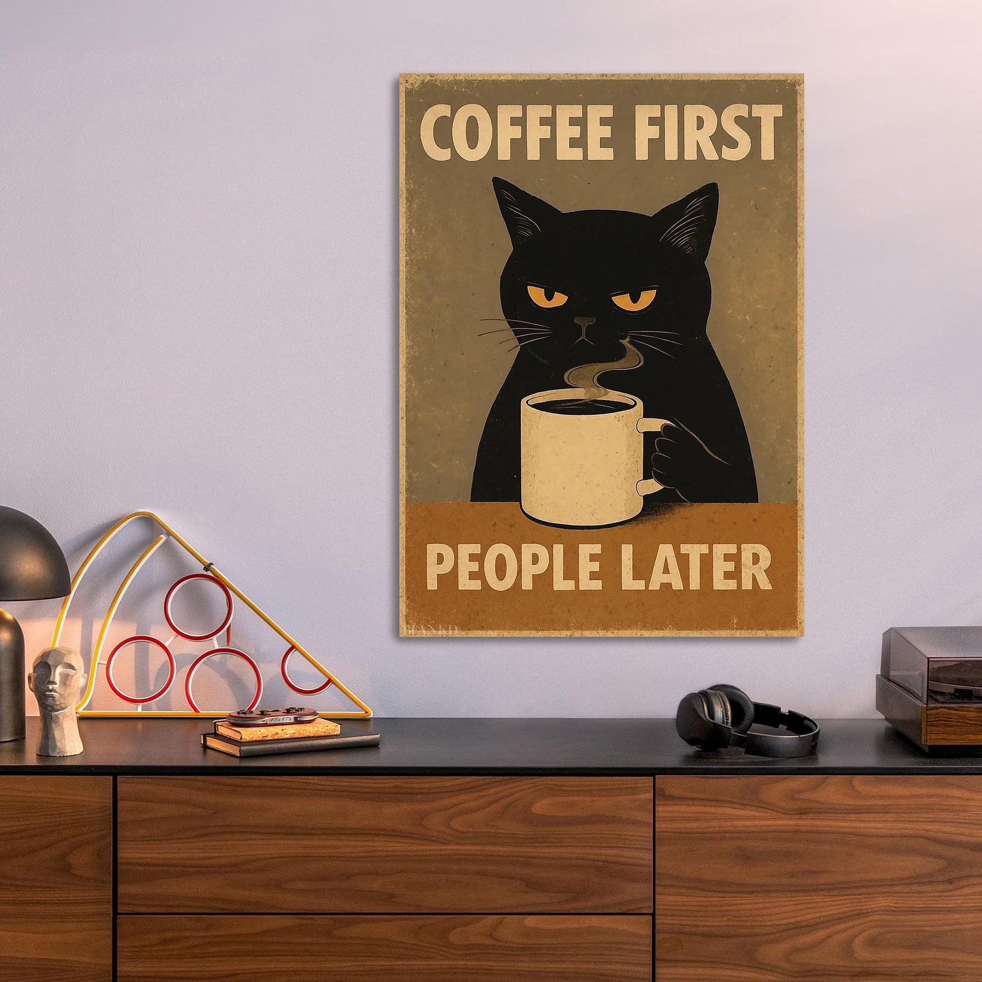 Grumpy Coffee Loving Cat metal poster