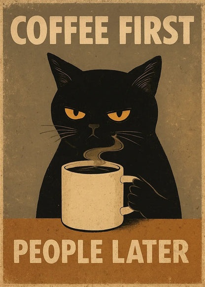 Grumpy Coffee Loving Cat metal wall art