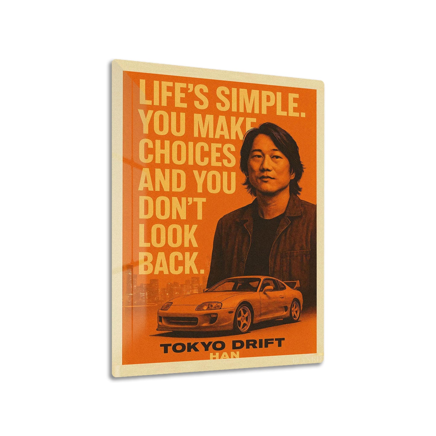 Han Tokyo Drift metal poster on living room wall