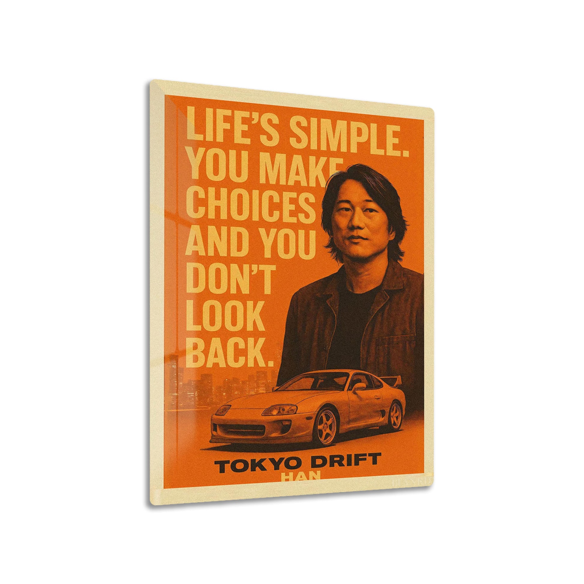 Han Tokyo Drift metal poster on living room wall