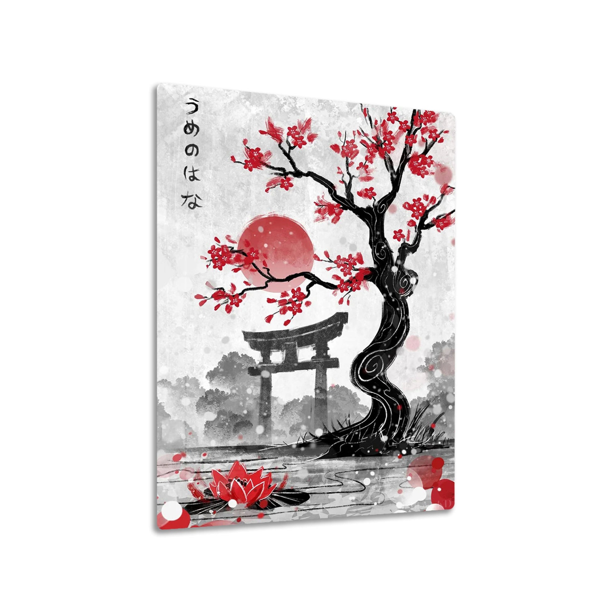 Japanese Garden with Red Blossoms and Torii