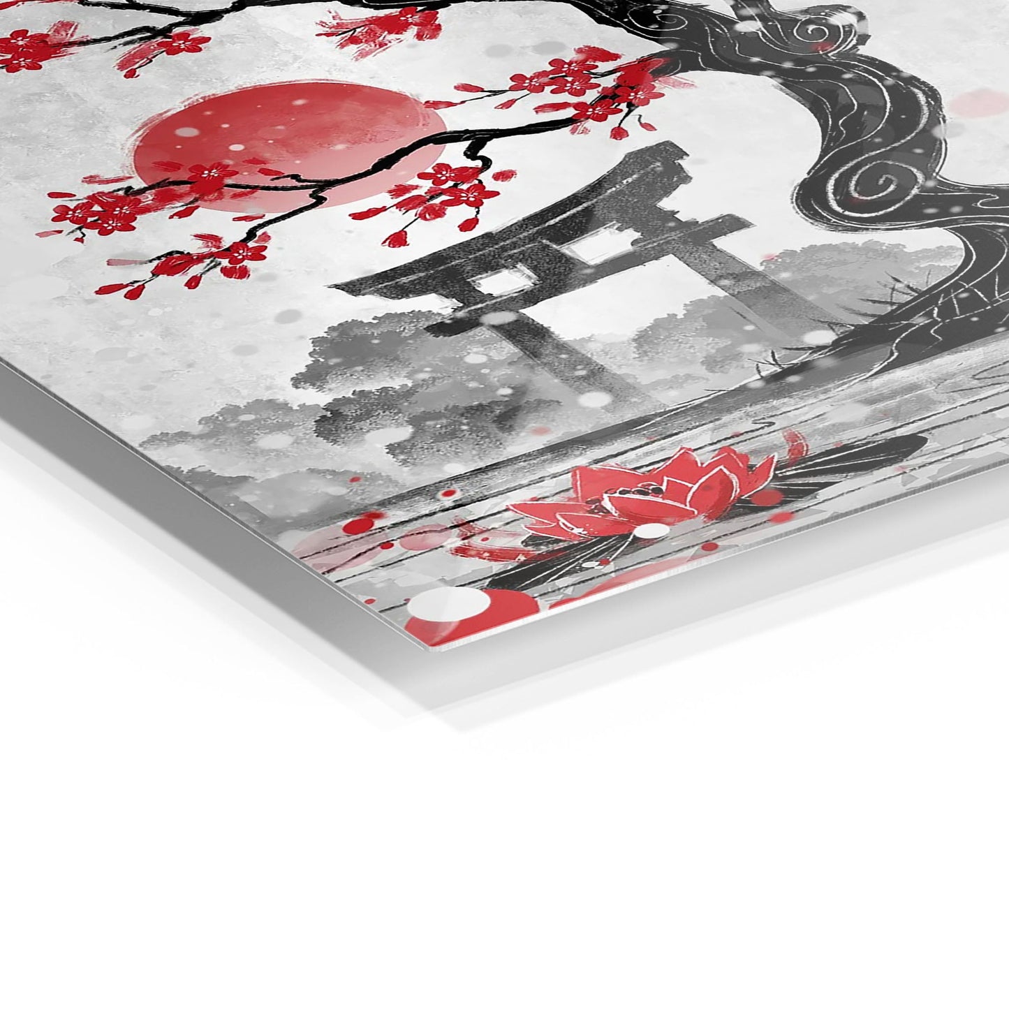 Japanese Garden with Red Blossoms and Torii