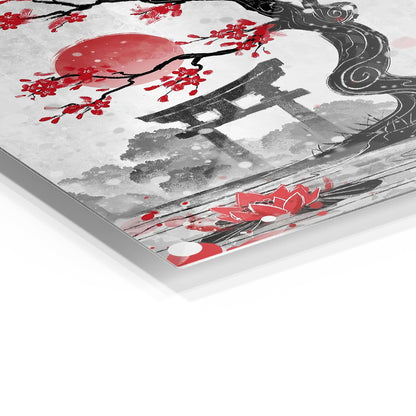 Japanese Garden with Red Blossoms and Torii