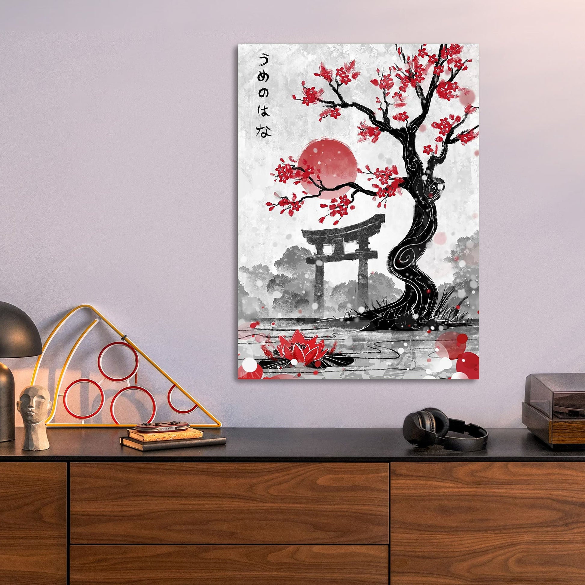 Japanese Garden with Red Blossoms and Torii