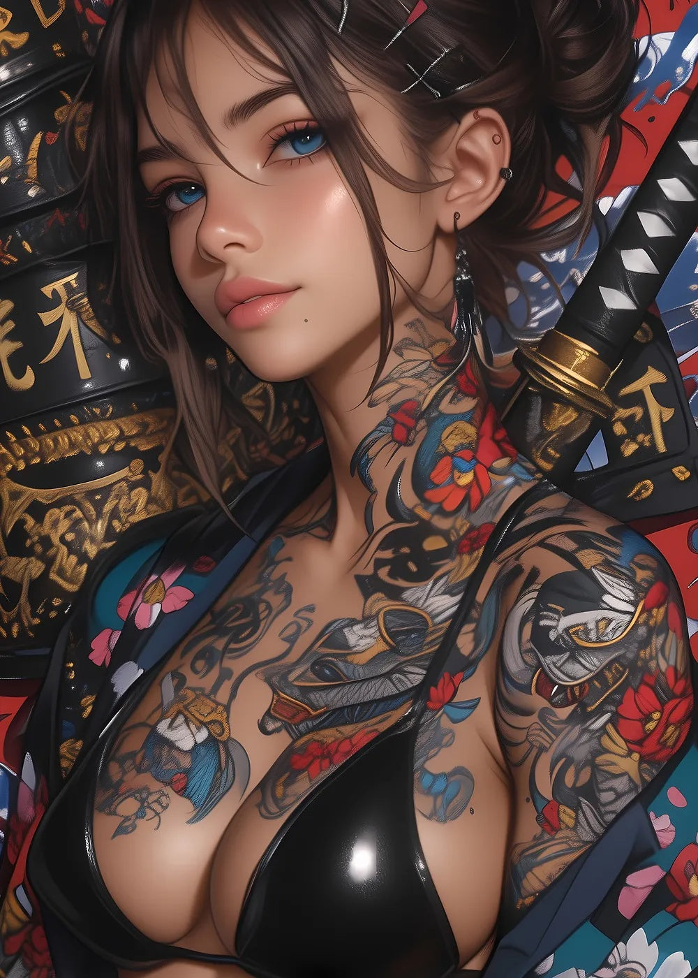 Tattooed Woman with Katana metal poster artwork