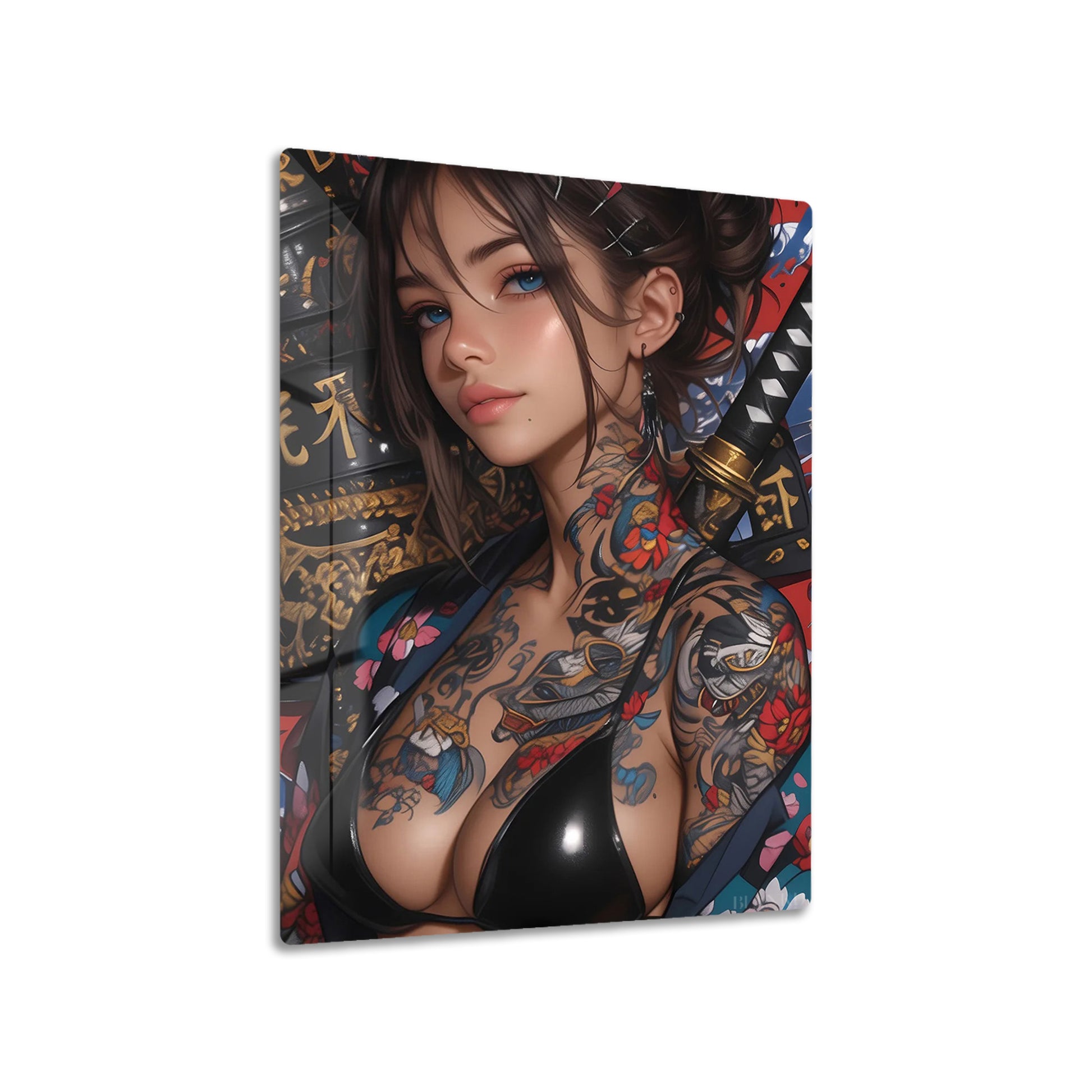 Tattooed Woman with Katana metal poster on living room wall