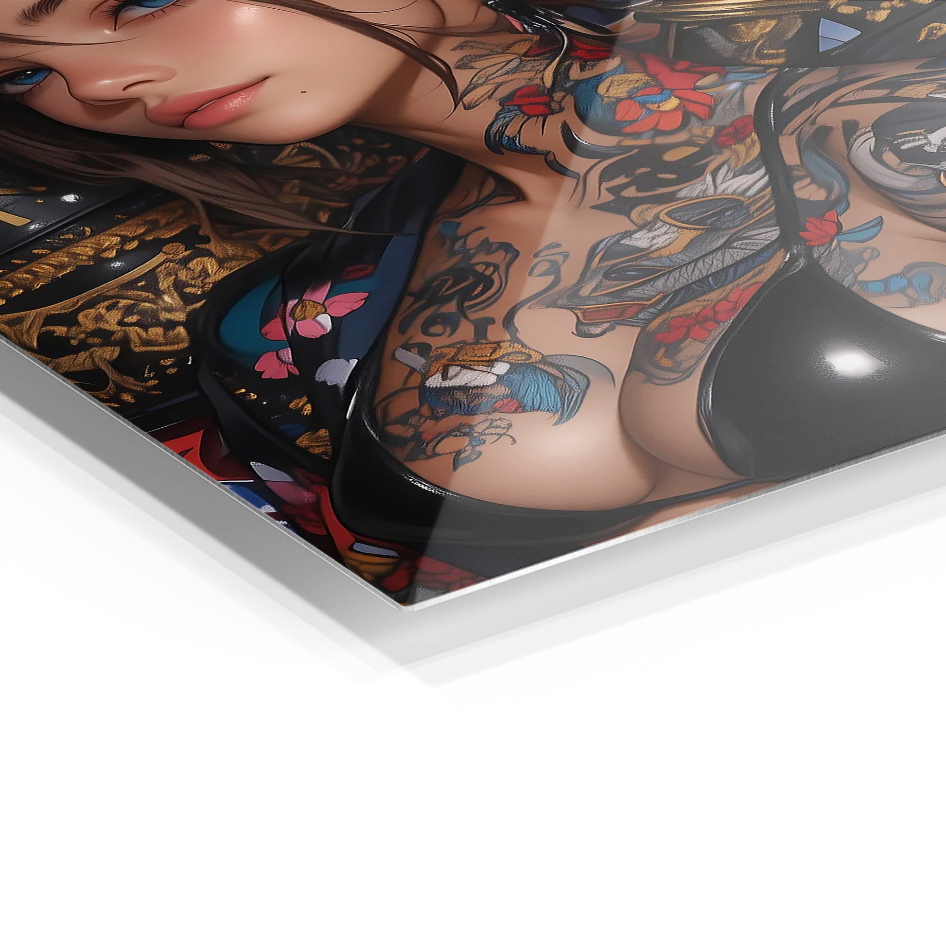 Tattooed Woman with Katana metal wall art in a modern interior