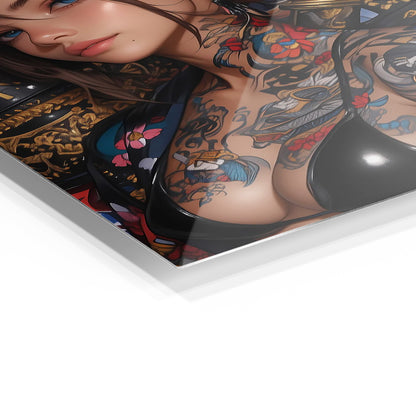 Tattooed Woman with Katana metal wall art in a modern interior