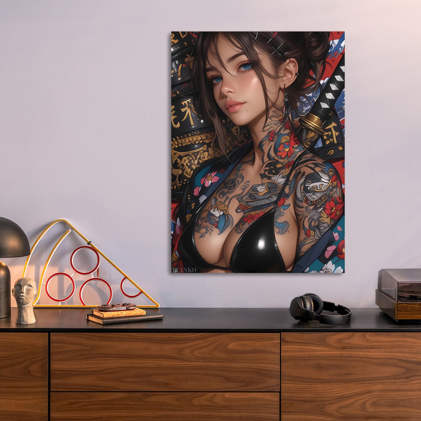 Tattooed Woman with Katana metal poster size comparison