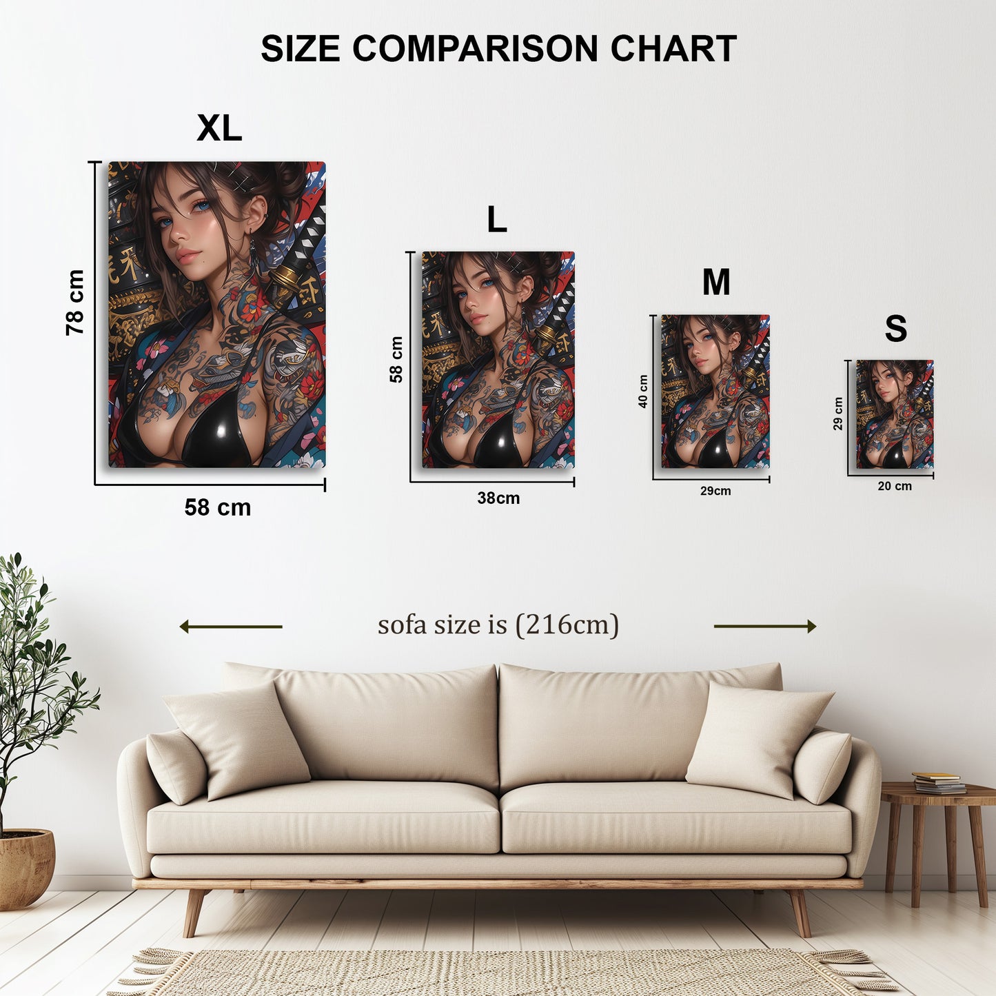 Tattooed Woman with Katana metal wall art in styled room setting