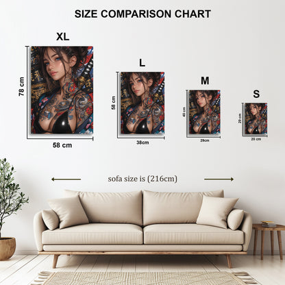 Tattooed Woman with Katana metal wall art in styled room setting