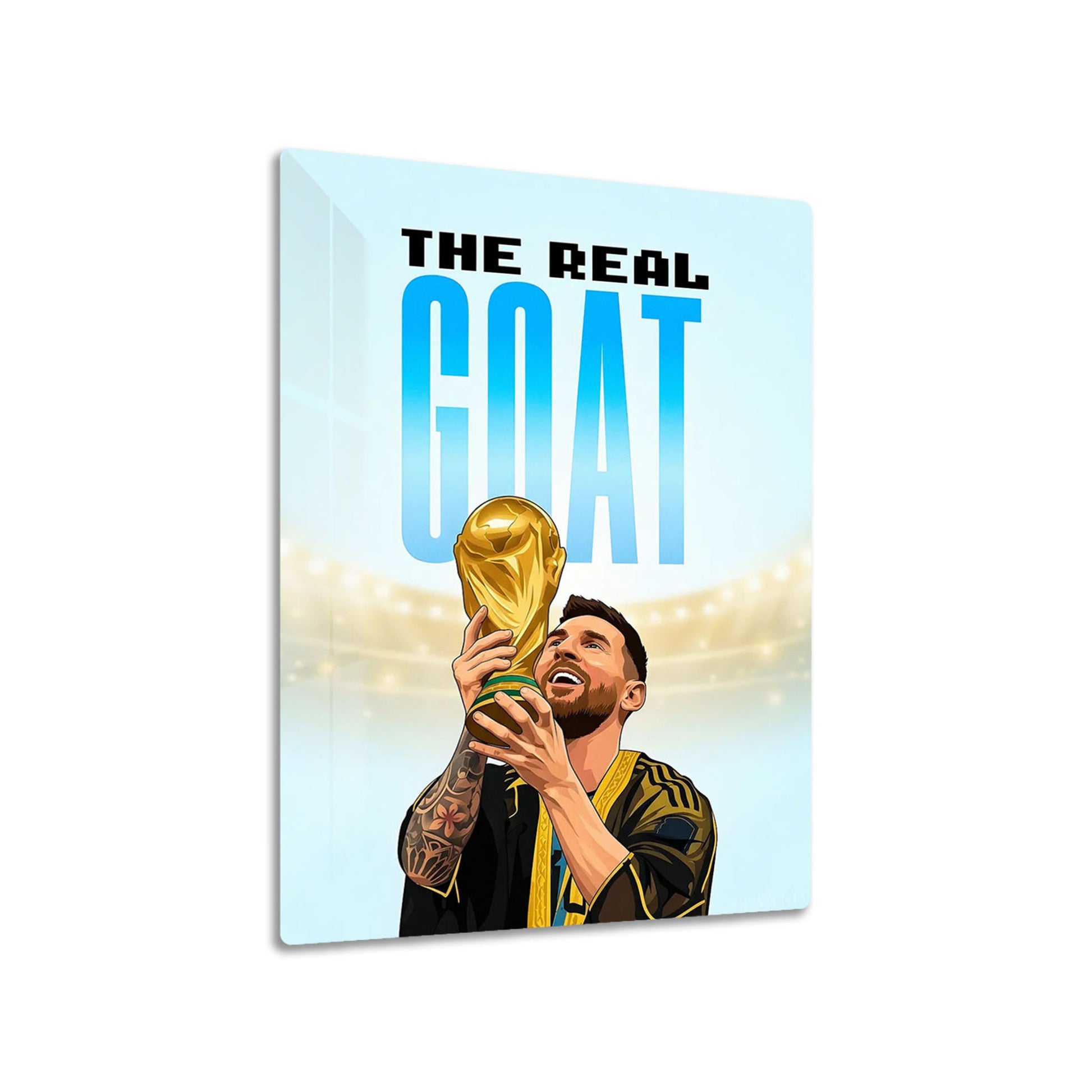 Lionel Messi World Cup metal poster on living room wall