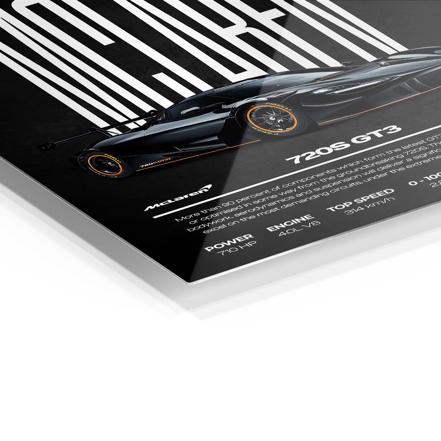 McLaren 720S GT3 metal wall art in a modern interior