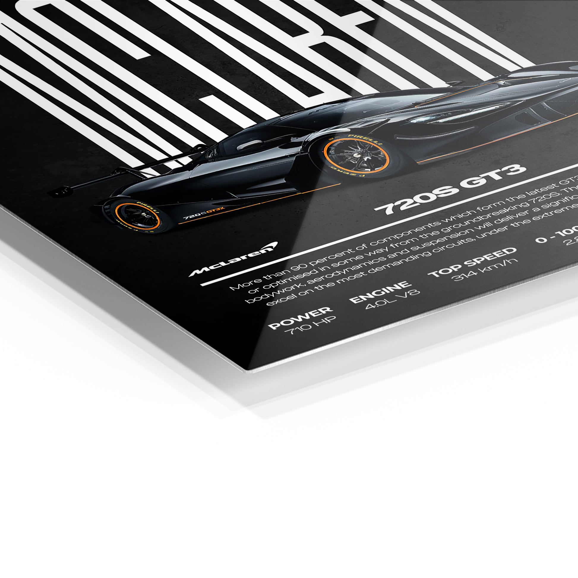 McLaren 720S GT3 metal wall art in a modern interior