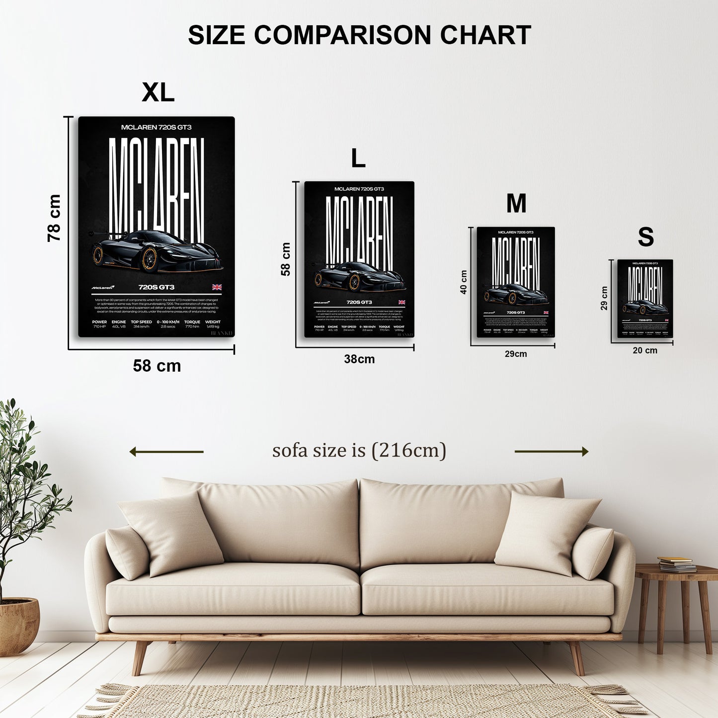 McLaren 720S GT3 metal wall art in styled room setting